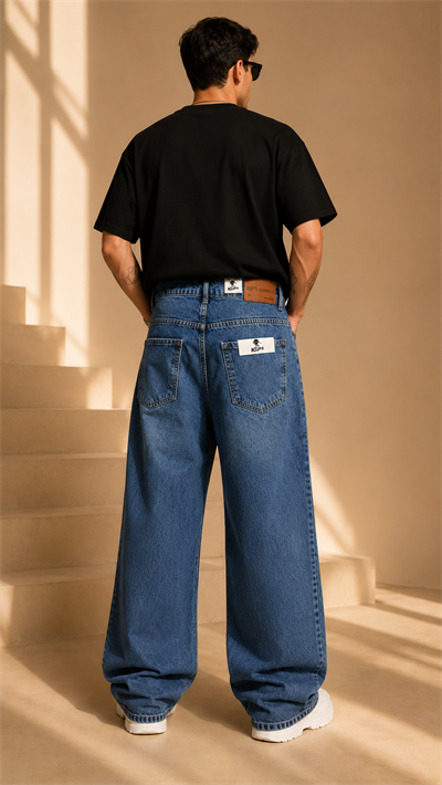Koyu Mavi Desenli Wide Leg Baggy Jean