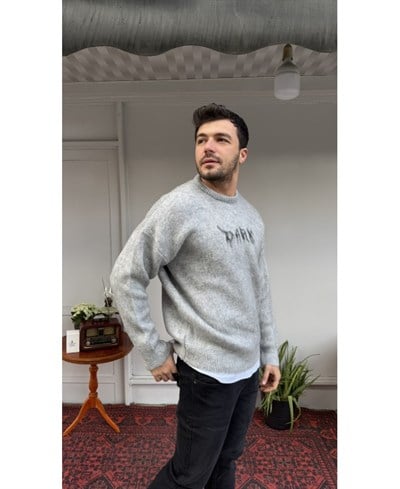 Casual Men Gri Dark Oversize Triko Kazak