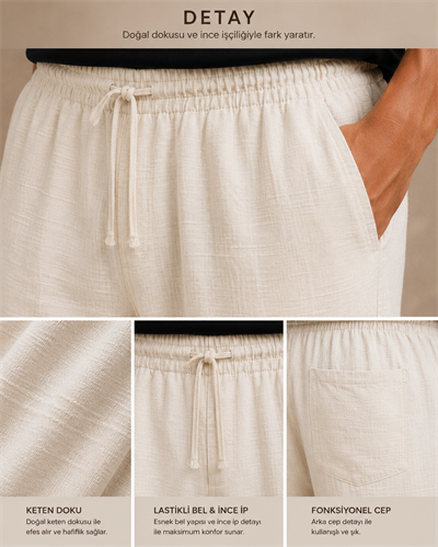 Ekru Keten Relax Fit Lastikli Bel Erkek Pantolon