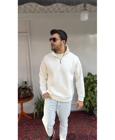 Casual Men Arctic Yaka Kürklü Yarım Fermuarlı Sweatshirt Beyaz