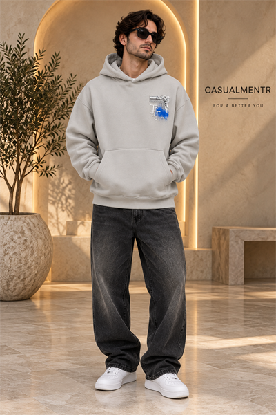 Loyalty Taş Gri Oversize Grafik Baskılı Kapüşonlu Sweatshirt