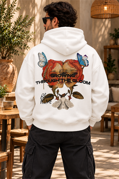 Beyaz Grafik Baskılı Oversize Erkek Hoodie