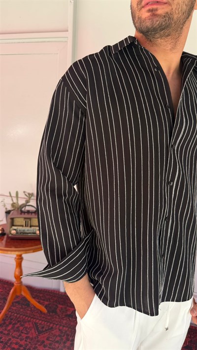 CasualMentr Siyah Çizgili Oversize Erkek Gömlek