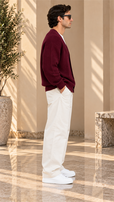 Bordo V Yaka Düğmeli Oversize Erkek Triko Hırka