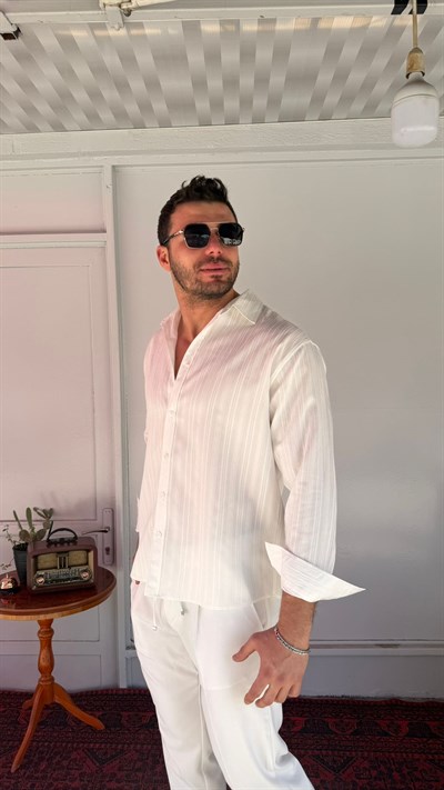CasualMentr Beyaz Çizgili Oversize Erkek Gömlek