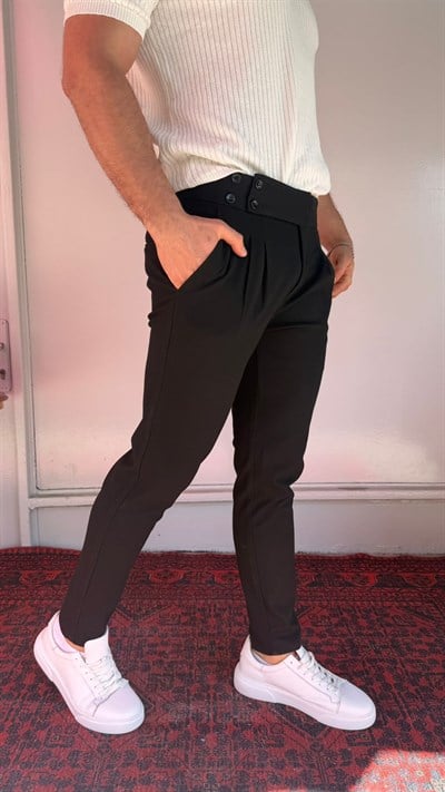 Siyah Düğmeli Yüksek Bel Erkek Pantolon