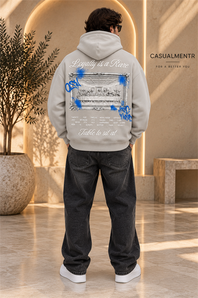 Loyalty Taş Gri Oversize Grafik Baskılı Kapüşonlu Sweatshirt