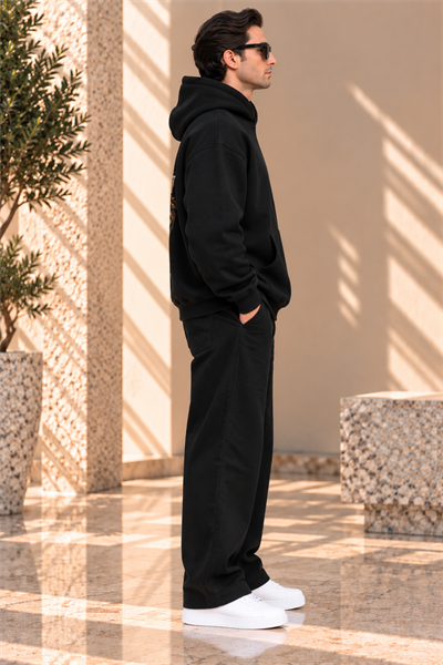 Siyah Authentic Sounds Baskılı Oversize Erkek Hoodie