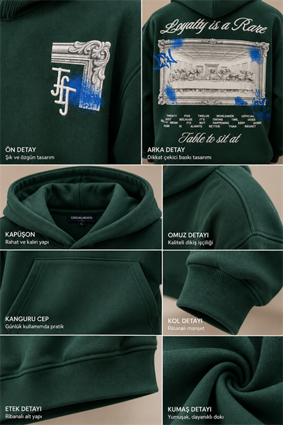 Loyalty Orman Yeşili Oversize Baskılı Kapüşonlu Sweatshirt