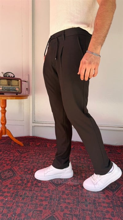 Kahverengi Tek Pileli Bağcıklı Erkek Pantolon