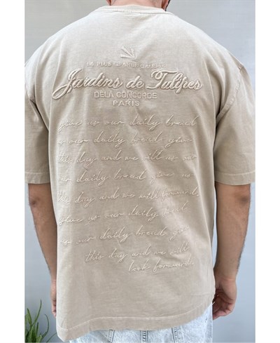 Casual Men Paris Nakış Detaylı Oversize Bej T-Shirt