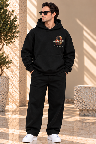 Siyah Authentic Sounds Baskılı Oversize Erkek Hoodie