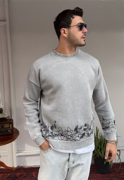 Casual Men Line Art Oversize Gri Sweatshirt