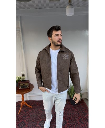 Casual Men Kahve Nakış Detaylı Suni Deri Ceket
