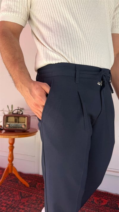 Lacivert Tek Pile Bağcıklı Pantolon
