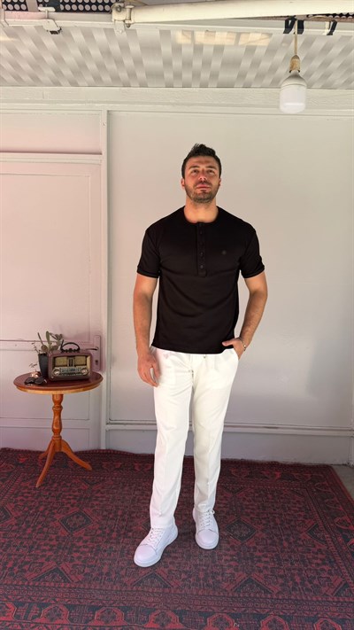 CasualMentr Siyah Fitilli Düğmeli Yaka Erkek Tişört