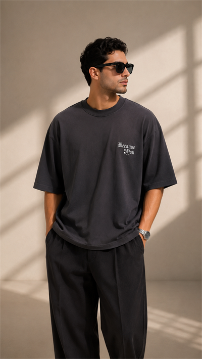 Antrasit Vintage Baskılı Oversize Erkek Tişört