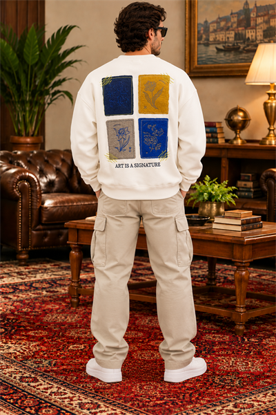 Ekru Nakış Detaylı Oversize Erkek Sweatshirt