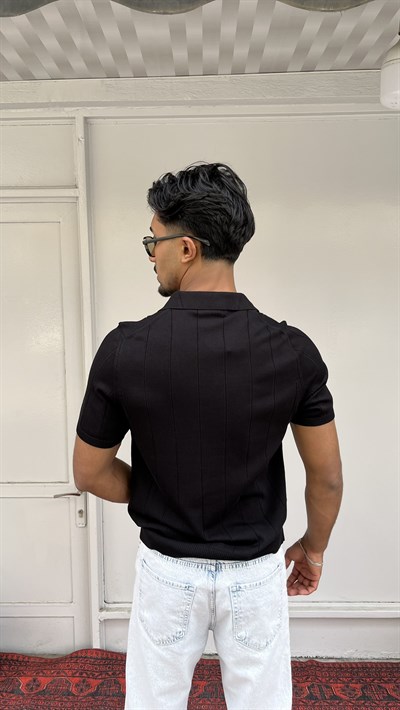 Monarch Çizgili Triko Polo Siyah