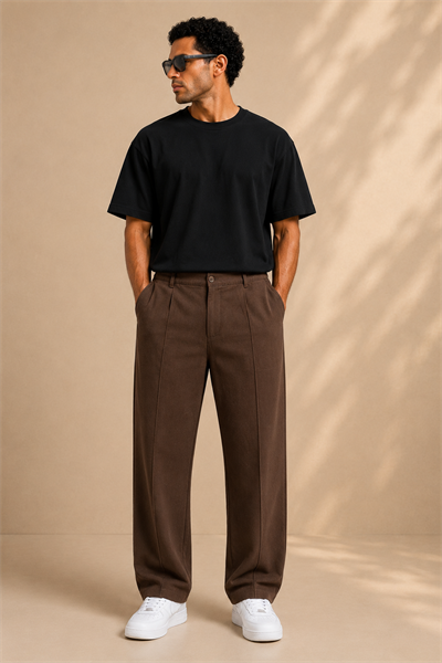 Kahverengi Keten Baggy Fit Erkek Pantolon