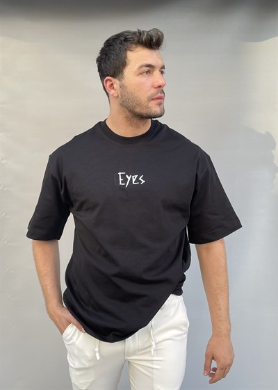 Göz Figürlü Siyah Oversize Baskılı Tişört