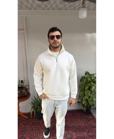 Casual Men Arctic Yaka Kürklü Yarım Fermuarlı Sweatshirt Beyaz