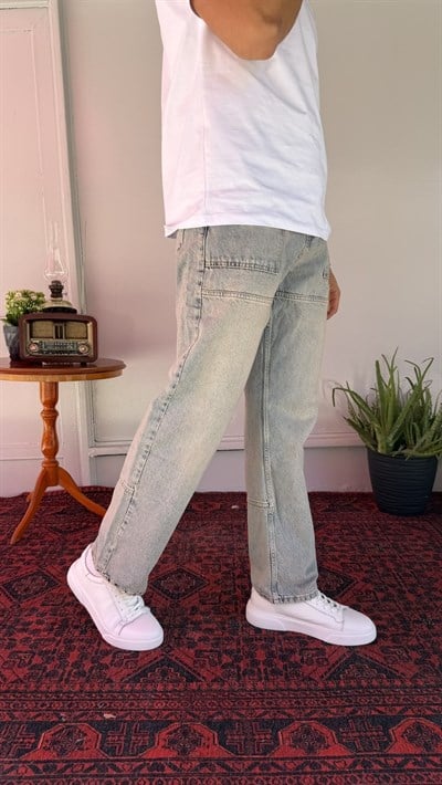 Cep Dikiş Detay Yeşil Yıkamalı Baggy Jean