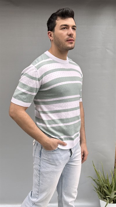 Çizgi Detay Delikli Triko T-shirt
