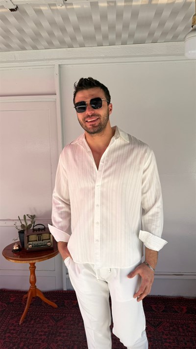 CasualMentr Beyaz Çizgili Oversize Erkek Gömlek