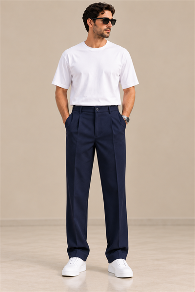Lacivert Tek Pileli Baggy Fit Lastikli Erkek Pantolon