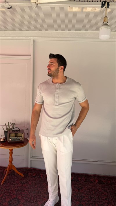 CasualMentr Açık Gri Düğmeli Fitilli Erkek Tişört