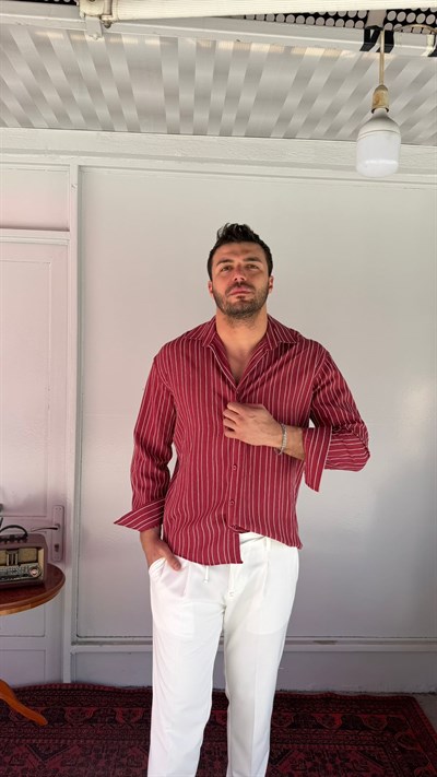 CasualMentr Bordo Çizgili Oversize Müslin Gömlek