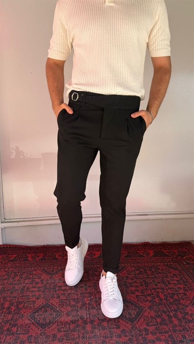 Siyah Tokalı Pileli Erkek Kumaş Pantolon