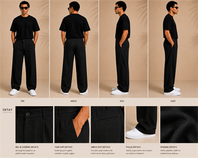 Siyah Keten Baggy Fit Erkek Pantolon