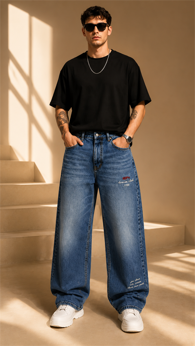Koyu Mavi Desenli Wide Leg Baggy Jean