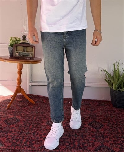 Düz Mavi Yeşil Yıkamalı Boyfriend Jean