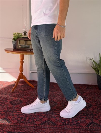 Düz Mavi Yeşil Yıkamalı Boyfriend Jean