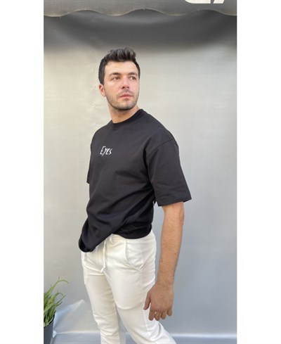Casual Men Eyes Baskılı Oversize Siyah T-Shirt