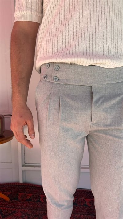 Gümüş Gri Düğmeli Yüksek Bel Erkek Pantolon