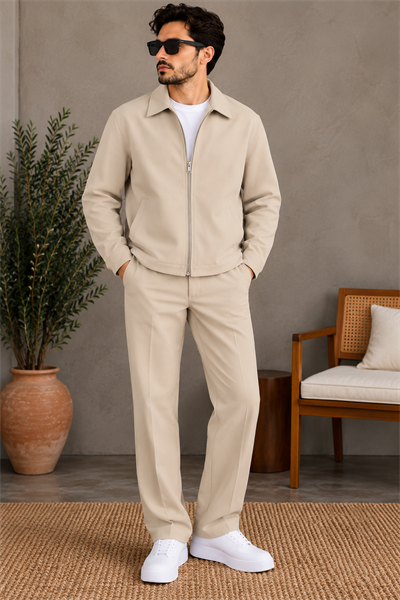 Premium Bej Fermuarlı Ceket Pantolon Takım