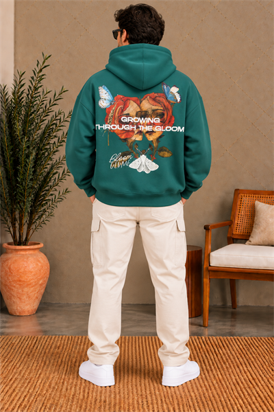 Koyu Yeşil Grafik Baskılı Erkek Hoodie