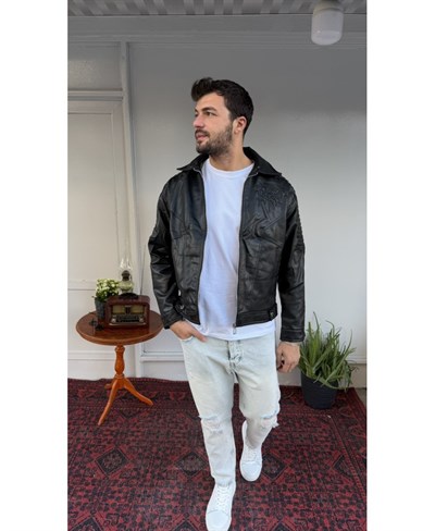 Casual Men Siyah Nakış Detaylı Suni Deri Ceket