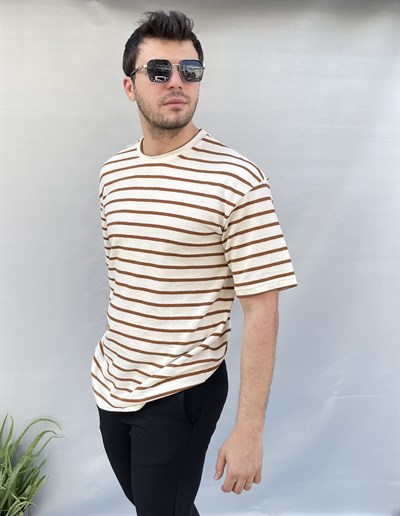 Kahve Çizgili Dokulu Oversize Erkek Tişört