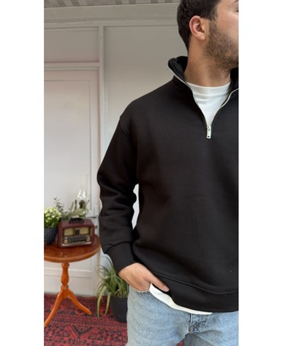 Casual Men Basic Yarım Fermuarlı Oversize Sweatshirt Siyah