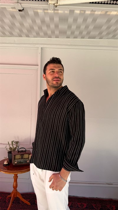 CasualMentr Siyah Çizgili Oversize Erkek Gömlek