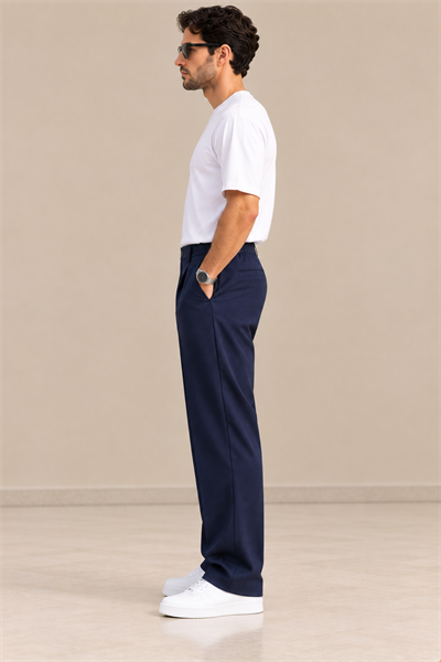 Lacivert Tek Pileli Baggy Fit Lastikli Erkek Pantolon