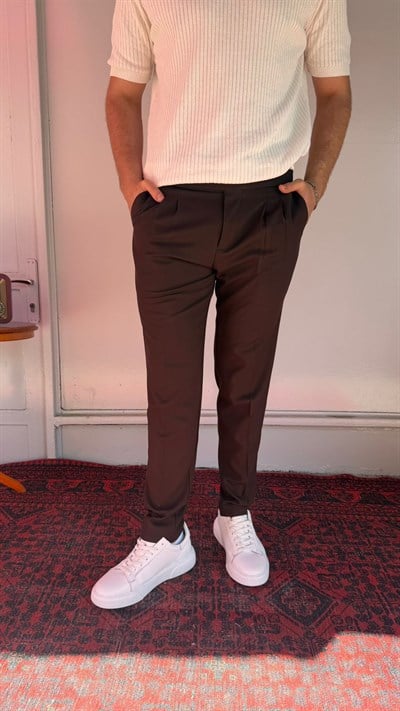 Kahve Düğmeli Pileli Erkek Pantolon