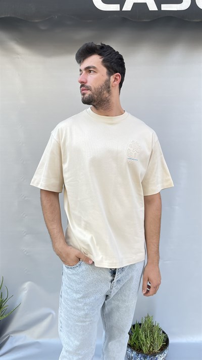 Krem Modal Oversize Nakış Detaylı Erkek Tişört