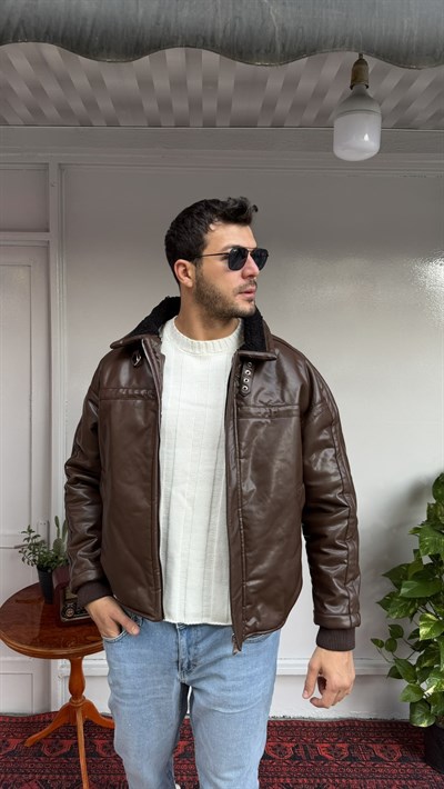 Casual Men Kahverengi İçi Kürklü Suni Deri Mont