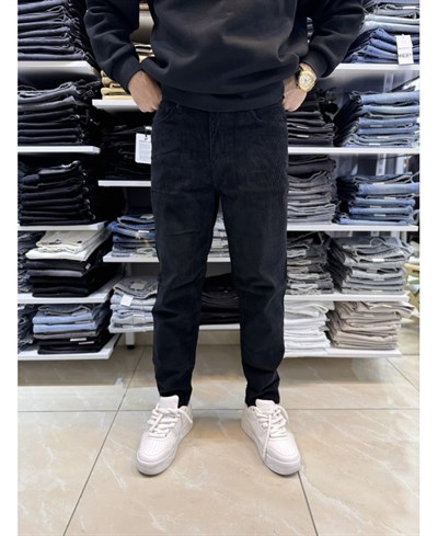 Casual Men Siyah Kadife Boyfriend Fit Erkek Pantolon